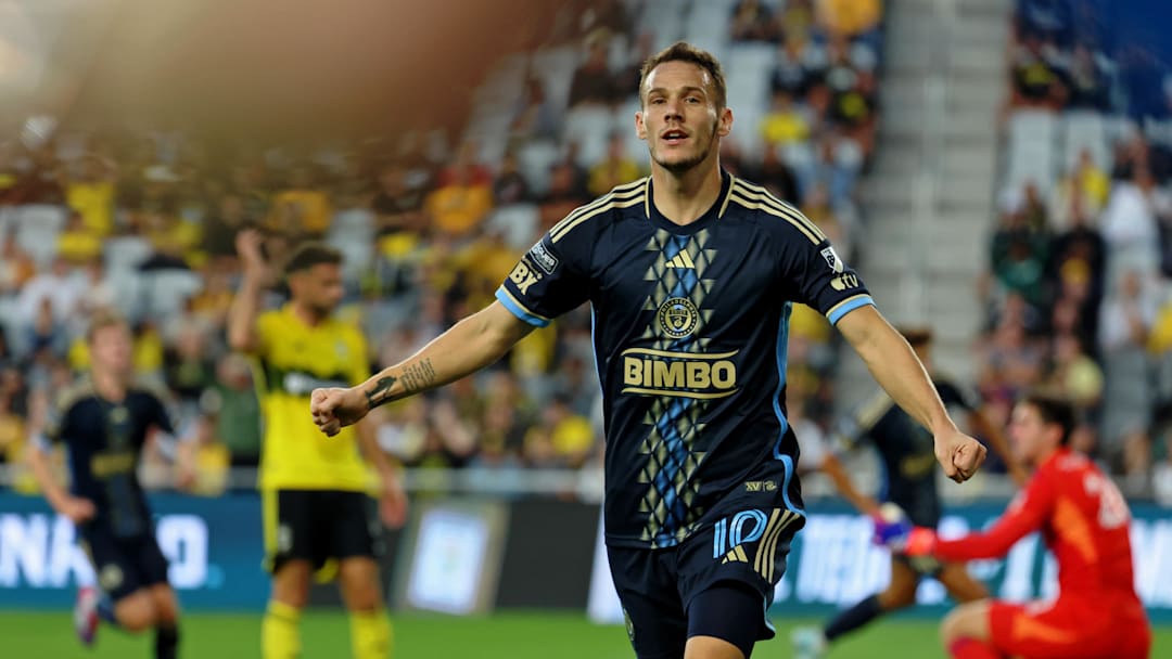 Aug 21, 2024; Columbus, Ohio, USA; Philadelphia Union midfielder Daniel Gazdag (10) celebrates after scoring a goal against the Columbus Crew during the first half in a Leagues Cup semifinal match at Lower.com Field. Mandatory Credit: Trevor Ruszkowski-Imagn Images