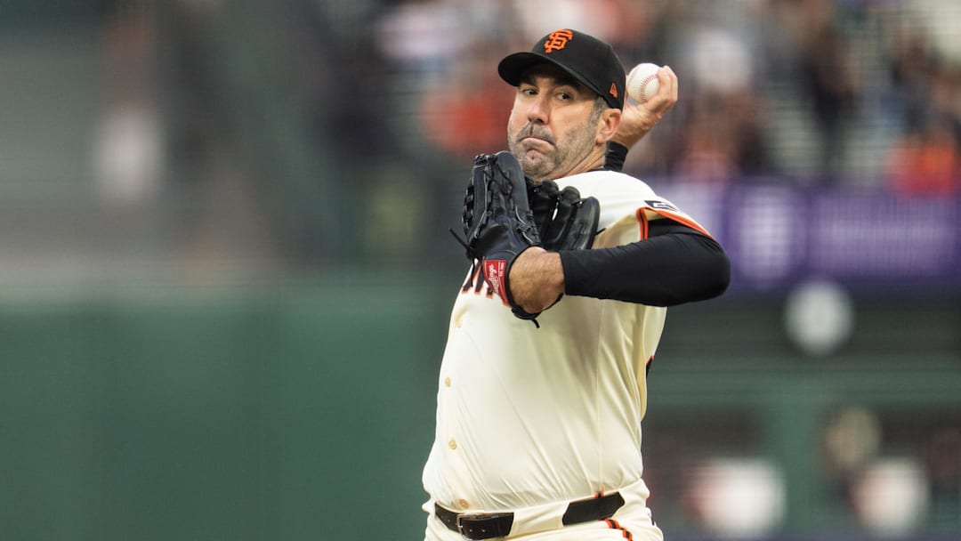 May 12, 2025; San Francisco, California, USA; San Francisco Giants starting pitcher Justin Verlander (35) delivers a pitch against the Arizona Diamondbacks during the first inning at Oracle Park. Mandatory Credit: Neville E. Guard-Imagn Images