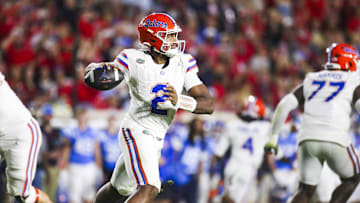 Nov 15, 2025; Oxford, Mississippi, USA; Florida Gators quarterback DJ Lagway (2) passes against the Mississippi Rebels during the second quarter at Vaught-Hemingway Stadium. Mandatory Credit: Petre Thomas-Imagn Images