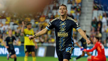 Aug 21, 2024; Columbus, Ohio, USA; Philadelphia Union midfielder Daniel Gazdag (10) celebrates after scoring a goal against the Columbus Crew during the first half in a Leagues Cup semifinal match at Lower.com Field. Mandatory Credit: Trevor Ruszkowski-Imagn Images