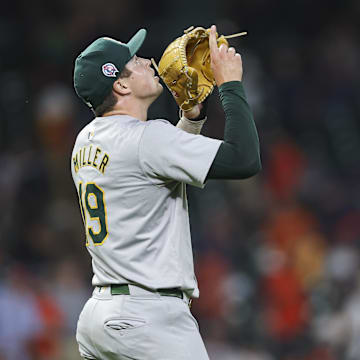 Oakland Athletics relief pitcher Mason Miller (19) reacts after the final out during the ninth inning against the Houston Astros at Minute Maid Park on Sept 11.