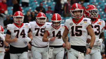 Dec 30, 2023; Miami Gardens, FL, USA; Georgia Bulldogs quarterback Carson Beck (15) takes the field before the 2023 Orange Bowl against the Florida State Seminoles at Hard Rock Stadium. Mandatory Credit: Nathan Ray Seebeck-USA TODAY Sports