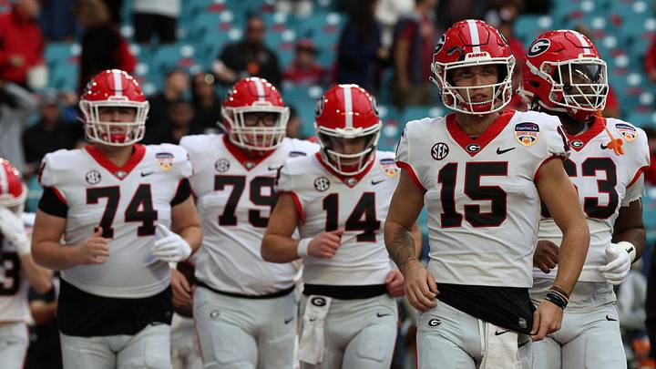 Dec 30, 2023; Miami Gardens, FL, USA; Georgia Bulldogs quarterback Carson Beck (15) takes the field before the 2023 Orange Bowl against the Florida State Seminoles at Hard Rock Stadium. Mandatory Credit: Nathan Ray Seebeck-USA TODAY Sports