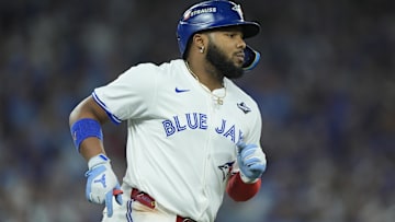 Nov 1, 2025; Toronto, Ontario, CAN; Toronto Blue Jays first baseman Vladimir Guerrero Jr. (27) walks to first base in the third inning against the Los Angeles Dodgers during game seven of the 2025 MLB World Series at Rogers Centre. 