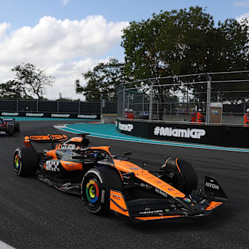 May 5, 2024; Miami Gardens, Florida, USA; McLaren driver Oscar Piastri (81) during the Miami Grand Prix at Miami International Autodrome. Mandatory Credit: Peter Casey-Imagn Images