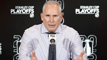 May 5, 2025; Toronto, Ontario, CAN; Toronto Maple Leafs head coach Craig Berube during a post game press conference following game one in the second round of the 2025 Stanley Cup Playoffs against the Florida Panthers at Scotiabank Arena. Mandatory Credit: John E. Sokolowski-Imagn Images