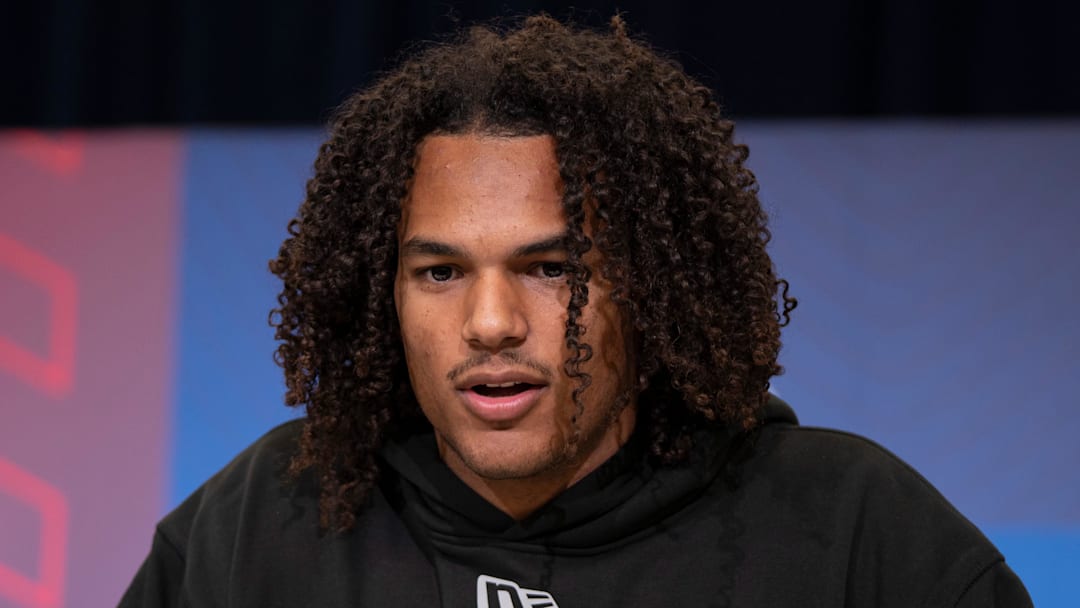 Feb 26, 2026; Indianapolis, IN, USA; Arizona defensive back Genesis Smith (DB47) speaks to members of the media during the NFL Combine at the Indiana Convention Center. Mandatory Credit: Jacob Musselman-Imagn Images