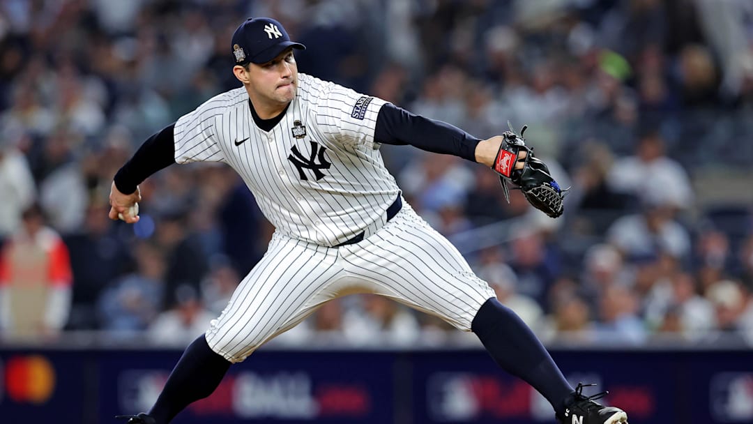 Oct 30, 2024; New York, New York, USA; New York Yankees pitcher Tommy Kahnle (41) pitches during the eighth inning against the Los Angeles Dodgers in game four of the 2024 MLB World Series at Yankee Stadium. Mandatory Credit: Brad Penner-Imagn Images Oct 30, 2024; New York, New York, USA; New York Yankees pitcher Tommy Kahnle (41) pitches during the eighth inning against the Los Angeles Dodgers in game four of the 2024 MLB World Series at Yankee Stadium. Mandatory Credit: Brad Penner-Imagn Images