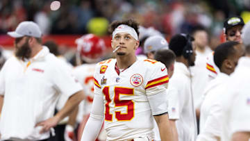 Feb 9, 2025; New Orleans, LA, USA;  Kansas City Chiefs quarterback Patrick Mahomes (15) reacts against the Philadelphia Eagles in Super Bowl LIX at Ceasars Superdome. Mandatory Credit: Mark J. Rebilas-Imagn Images