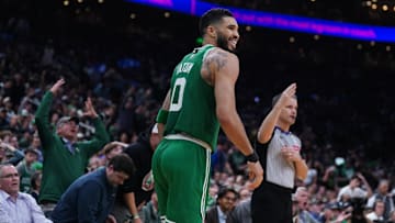 May 7, 2025; Boston, Massachusetts, USA; Boston Celtics forward Jayson Tatum (0) reacts after missing a three point basket against the New York Knicks in the fourth quarter during game two of the second round for the 2025 NBA Playoffs at TD Garden. Mandatory Credit: David Butler II-Imagn Images
