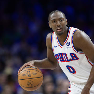 Feb 22, 2025; Philadelphia, Pennsylvania, USA; Philadelphia 76ers guard Tyrese Maxey (0) dribbles the ball against the Brooklyn Nets during the third quarter at Wells Fargo Center. Mandatory Credit: Bill Streicher-Imagn Images