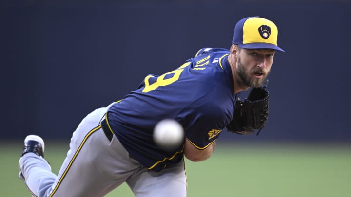 Jun 21, 2024; San Diego, California, USA; Milwaukee Brewers starting pitcher Colin Rea (48) pitches against the San Diego Padres during the first inning at Petco Park. Mandatory Credit: Orlando Ramirez-USA TODAY Sports
