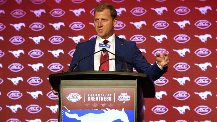 Jul 22, 2024; Charlotte, NC, USA; SMU head coach Rhett Lashlee speaks to the media during ACC Kickoff at Hilton Charlotte Uptown. Mandatory Credit: Jim Dedmon-USA TODAY Sports