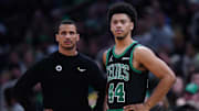 Dec 27, 2024; Boston, Massachusetts, USA; Boston Celtics head coach Joe Mazzulla talks with guard Jaden Springer (44) from the sideline as they take on the Indiana Pacers at TD Garden. Mandatory Credit: David Butler II-Imagn Images