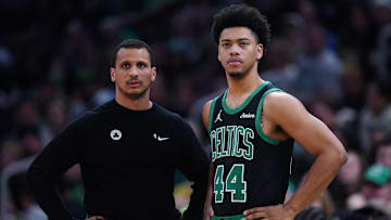 Dec 27, 2024; Boston, Massachusetts, USA; Boston Celtics head coach Joe Mazzulla talks with guard Jaden Springer (44) from the sideline as they take on the Indiana Pacers at TD Garden. Mandatory Credit: David Butler II-Imagn Images