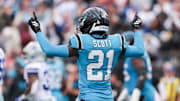 Oct 12, 2025; Charlotte, North Carolina, USA; Carolina Panthers safety Nick Scott (21) reacts after a play during the second half against the Dallas Cowboys at Bank of America Stadium. Mandatory Credit: Scott Kinser-Imagn Images