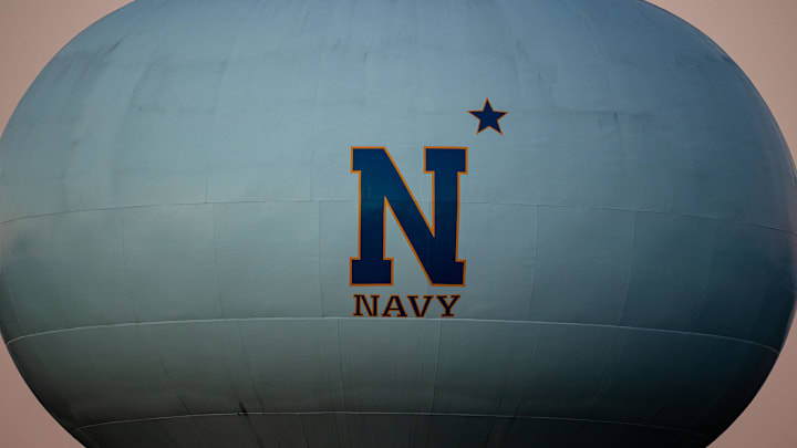 Nov 28, 2020; Annapolis, Maryland, USA; A general view of the Navy Midshipmen logo on a water tower near the stadium is seen before the game between the Navy Midshipmen and the Memphis Tigers at Navy-Marine Corps Memorial Stadium. 