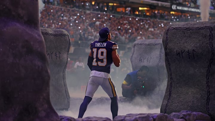 Sep 14, 2025; Minneapolis, Minnesota, USA; Minnesota Vikings wide receiver Adam Thielen (19) enters the field before the game against the Atlanta Falcons at U.S. Bank Stadium.