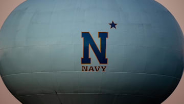 Nov 28, 2020; Annapolis, Maryland, USA; A general view of the Navy Midshipmen logo on a water tower near the stadium is seen before the game between the Navy Midshipmen and the Memphis Tigers at Navy-Marine Corps Memorial Stadium. 