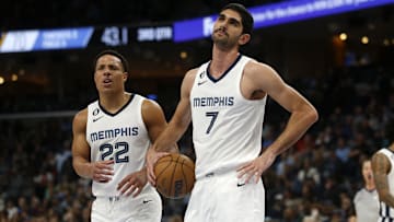 Feb 7, 2023; Memphis, Tennessee, USA; Memphis Grizzlies guard Desmond Bane (22) and forward Santi Aldama (7) react after a foul call during the second half against the Chicago Bulls at FedExForum. Mandatory Credit: Petre Thomas-Imagn Images