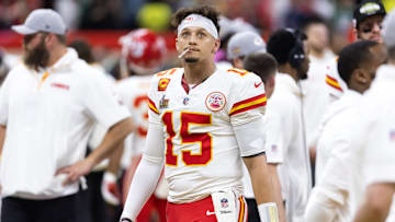 Feb 9, 2025; New Orleans, LA, USA;  Kansas City Chiefs quarterback Patrick Mahomes (15) reacts against the Philadelphia Eagles in Super Bowl LIX at Ceasars Superdome. Mandatory Credit: Mark J. Rebilas-Imagn Images