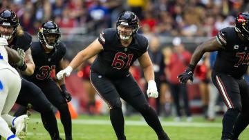 Nov 26, 2023; Glendale, Arizona, USA; Arizona Cardinals offensive lineman Carter O'Donnell (61) against the Los Angeles Rams at State Farm Stadium. Mandatory Credit: Mark J. Rebilas-USA TODAY Sports