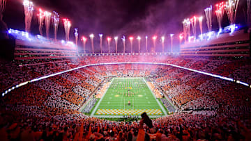 Fireworks are set off before an SEC football game between Tennessee and Ole Miss in a checkered Neyland Stadium in Knoxville, Tenn. on Saturday, Oct. 16, 2021.

Kns Tennessee Ole Miss Football