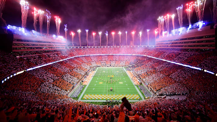 Fireworks are set off before an SEC football game between Tennessee and Ole Miss in a checkered Neyland Stadium in Knoxville, Tenn. on Saturday, Oct. 16, 2021.

Kns Tennessee Ole Miss Football