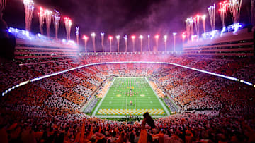 Fireworks are set off before an SEC football game between Tennessee and Ole Miss in a checkered Neyland Stadium in Knoxville, Tenn. on Saturday, Oct. 16, 2021.

Kns Tennessee Ole Miss Football
