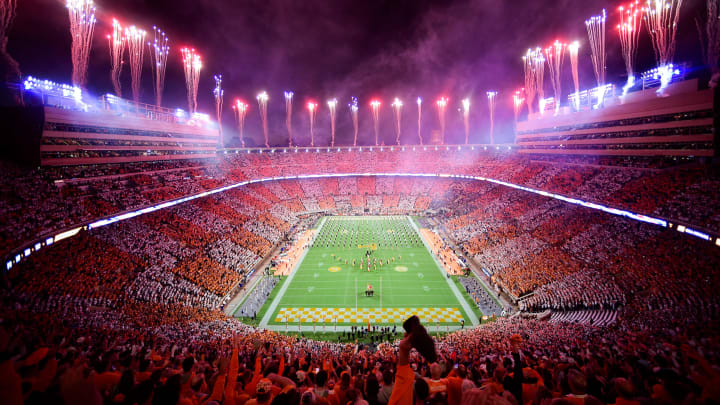 Fireworks are set off before an SEC football game between Tennessee and Ole Miss in a checkered Neyland Stadium in Knoxville, Tenn. on Saturday, Oct. 16, 2021.