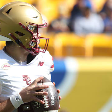 Oct 4, 2025; Pittsburgh, Pennsylvania, USA; Boston College Eagles quarterback Dylan Lonergan (9) looks to pass against the Pittsburgh Panthers during the first quarter at Acrisure Stadium. Mandatory Credit: Charles LeClaire-Imagn Images