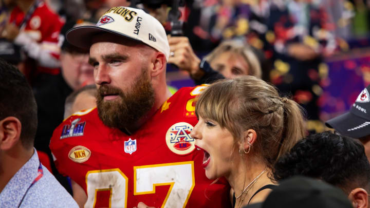 Feb 11, 2024; Paradise, Nevada, USA; Kansas City Chiefs tight end Travis Kelce (87) celebrates with girlfriend Taylor Swift after defeating the San Francisco 49ers in Super Bowl LVIII at Allegiant Stadium. Mandatory Credit: Mark J. Rebilas-USA TODAY Sports