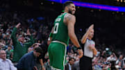 Boston Celtics forward Jayson Tatum reacts after missing a three point basket against the New York Knicks in the fourth quarter.