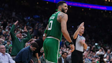 Boston Celtics forward Jayson Tatum reacts after missing a three point basket against the New York Knicks in the fourth quarter.