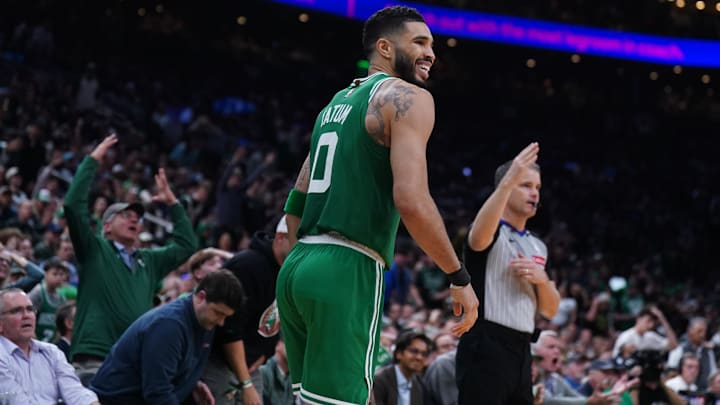 Boston Celtics forward Jayson Tatum reacts after missing a three point basket against the New York Knicks in the fourth quarter.