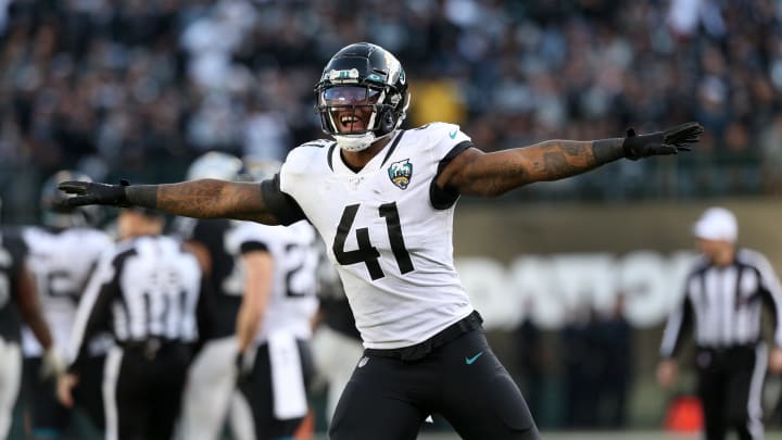 Dec 15, 2019; Oakland, CA, USA; Jacksonville Jaguars defensive end Josh Allen (41) reacts after the Oakland Raiders missed a field goal attempt in the fourth quarter at Oakland Coliseum. Mandatory Credit: Cary Edmondson-USA TODAY Sports