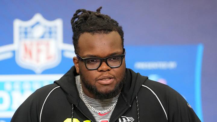Feb 25, 2026; Indianapolis, IN, USA; Ohio State defensive lineman Kayden McDonald (DL21) speaks during the NFL Scouting Combine at the Indiana Convention Center. Mandatory Credit: Kirby Lee-Imagn Images