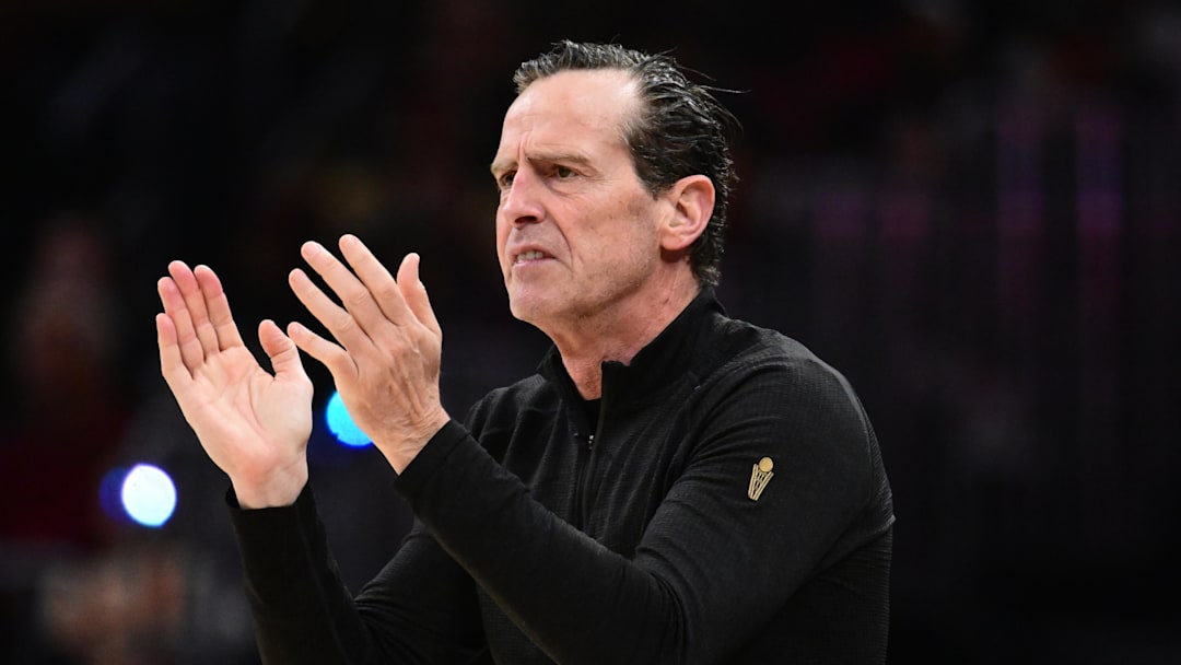 May 3, 2026; Cleveland, Ohio, USA; Cleveland Cavaliers head coach Kenny Atkinson reacts against the Toronto Raptors during the first half of game seven in the first round of the 2026 NBA Playoffs at Rocket Arena. Mandatory Credit: Ken Blaze-Imagn Images
