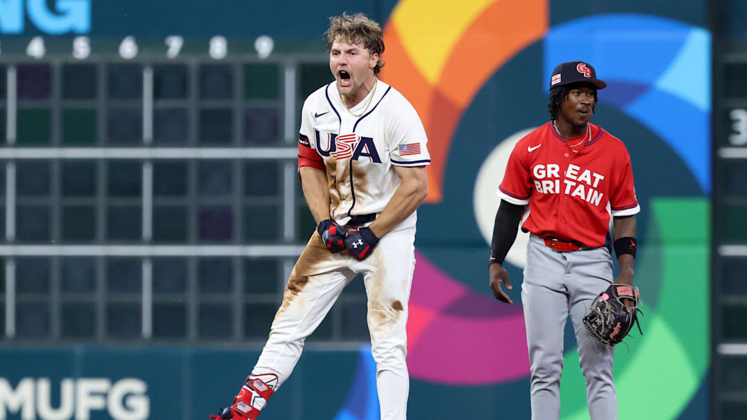 Mar 7, 2026; Houston, TX, United States; United States shortstop Gunnar Henderson (11) celebrates after hitting a two-run double against Great Britain during the fifth inning at Daikin Park. Mandatory Credit: Troy Taormina-Imagn Images
