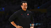 Nov 2, 2025; Los Angeles, California, USA; Miami Heat Head Coach Erik Spoelstra reacts during the game against the Los Angeles Lakers during the first half at Crypto.com Arena. Mandatory Credit: Jonathan Hui-Imagn Images