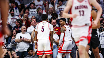 Jan 27, 2025; Tucson, Arizona, USA; Arizona Wildcats guard Caleb Love (1) celebrates a dunk he made during the first half against the Iowa State Cyclones at McKale Center. Mandatory Credit: Aryanna Frank-Imagn Images