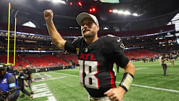 Nov 3, 2024; Atlanta, Georgia, USA; Atlanta Falcons quarterback Kirk Cousins (18) celebrates after a victory over the Dallas Cowboys at Mercedes-Benz Stadium. Mandatory Credit: Brett Davis-Imagn Images
