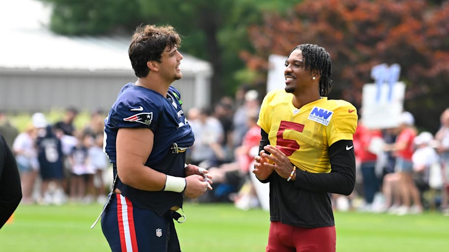 New England Patriots offensive tackle Will Campbell and Washington Commanders quarterback Jayden Daniels | Eric Canha-Imagn Images