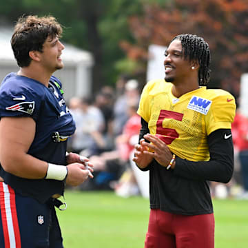 Will Campbell and the Patriots practiced with Jayden Daniels and the Commanders on Wednesday.