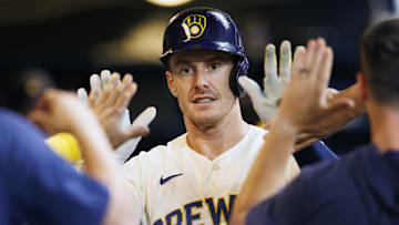 Aug 22, 2023; Milwaukee, Wisconsin, USA;  Milwaukee Brewers designated hitter Mark Canha (21) high