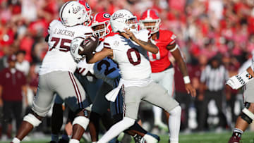 Oct 12, 2024; Athens, Georgia, USA; Mississippi State Bulldogs quarterback Michael Van Buren Jr. (0) throws a pass against the Georgia Bulldogs in the second quarter at Sanford Stadium. Mandatory Credit: Brett Davis-Imagn Images