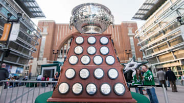 Oct 8, 2015; Dallas, TX, USA; A general view of the Art Ross Trophy on display prior to the game between the Dallas Stars and the Pittsburgh Penguins at American Airlines Center. Mandatory Credit: Jerome Miron-Imagn Images