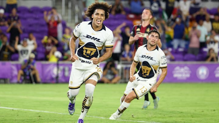 Aug 2, 2025; Orlando, FL, USA; Pumas UNAM midfielder Adalberto Carrasquilla (28) reacts after scoring a goal against Atlanta United FC in the second half at Inter&Co Stadium. Mandatory Credit: Nathan Ray Seebeck-Imagn Images
