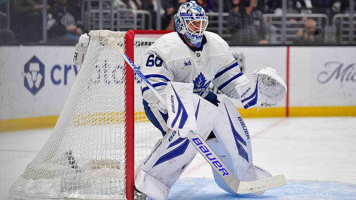 Apr 4, 2026; Los Angeles, California, USA; Toronto Maple Leafs goaltender Joseph Woll (60) defends the goal against the Los Angeles Kings during the second period at Crypto.com Arena. Mandatory Credit: Gary A. Vasquez-Imagn Images