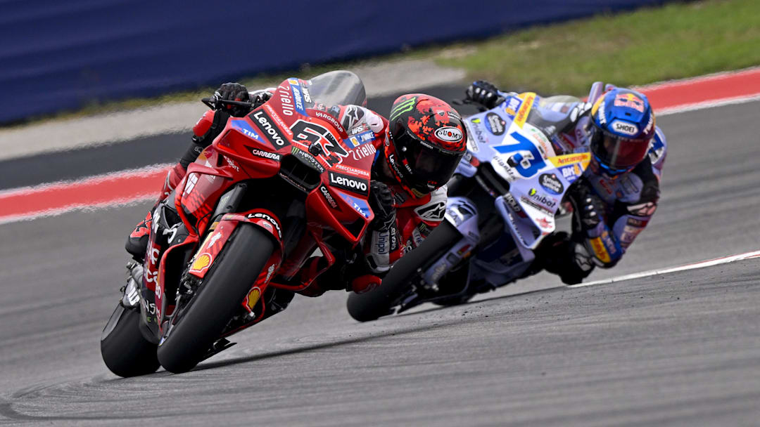 Mar 30, 2025; Austin, TX, USA; Francesco Bagnaia (63) of Italy and Ducati Lenovo Team and Alex Marquez (73) of Spain and BK8 Gresini Racing MotoGP rides during the 2025 Grand Prix of the Americas at Circuit of The Americas. Mandatory Credit: Jerome Miron-Imagn Images